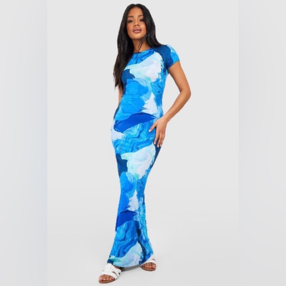 Boohoo Blue and White Bodycon Maxi Dress for Weddings